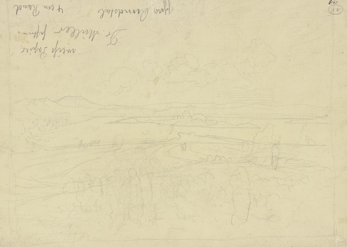 Hans Thoma - Landschaft, im Vordergrund Figuren, im Hintergrund ein See mit Insel