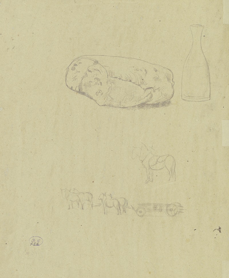 Hans Thoma - Studienblatt; Brot, Flasche und eine bespannte Pferdekutsche