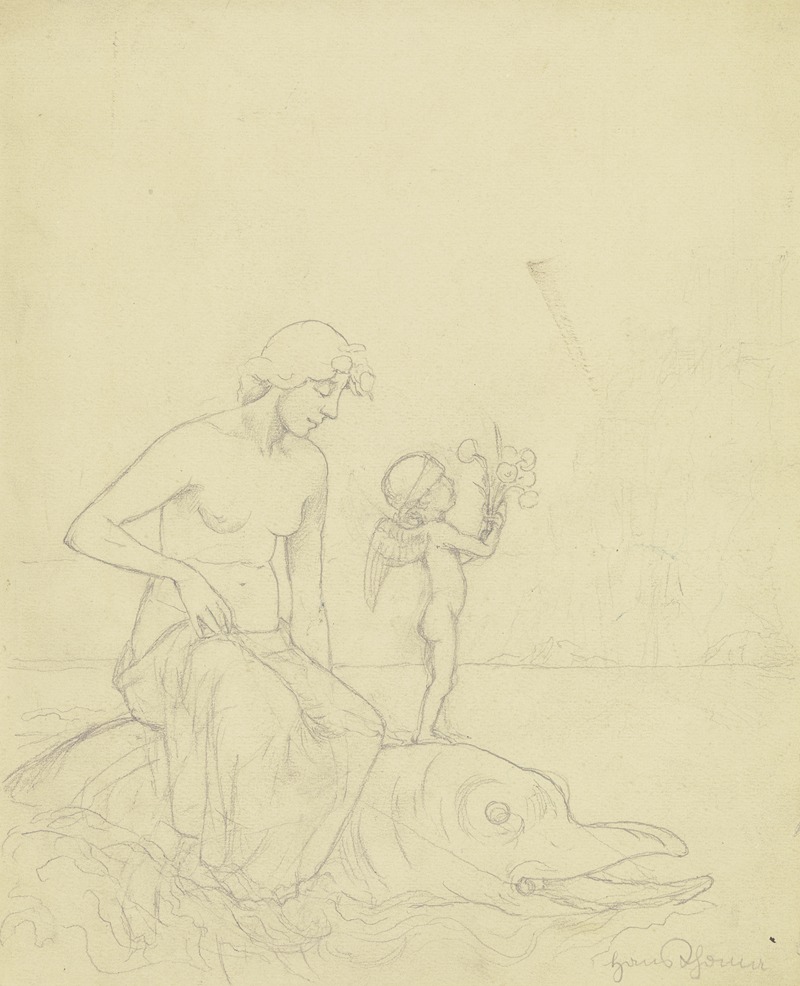 Hans Thoma - Venus auf dem Delphin (Mädchen mit Amor auf einem Delphin reitend)