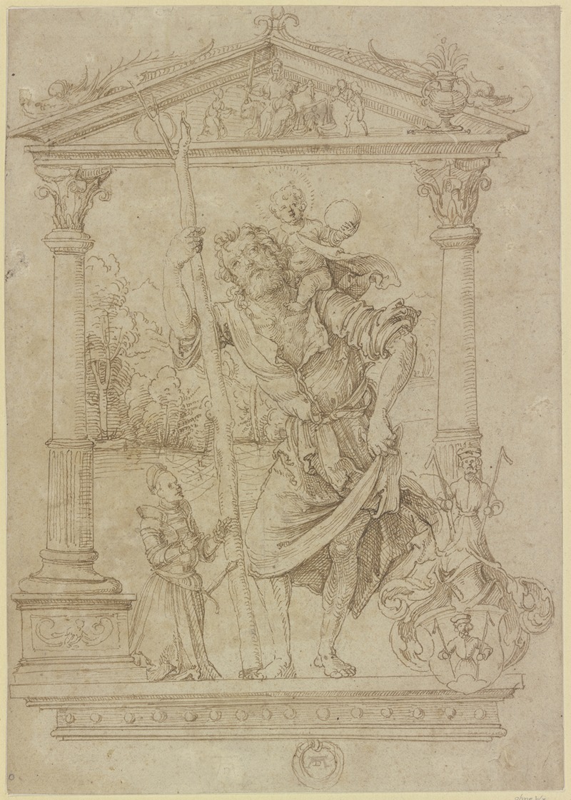 Hans von Kulmbach - Der Heilige Christophorus mit kniendem Stifter, in Renaissance-Umrahmung