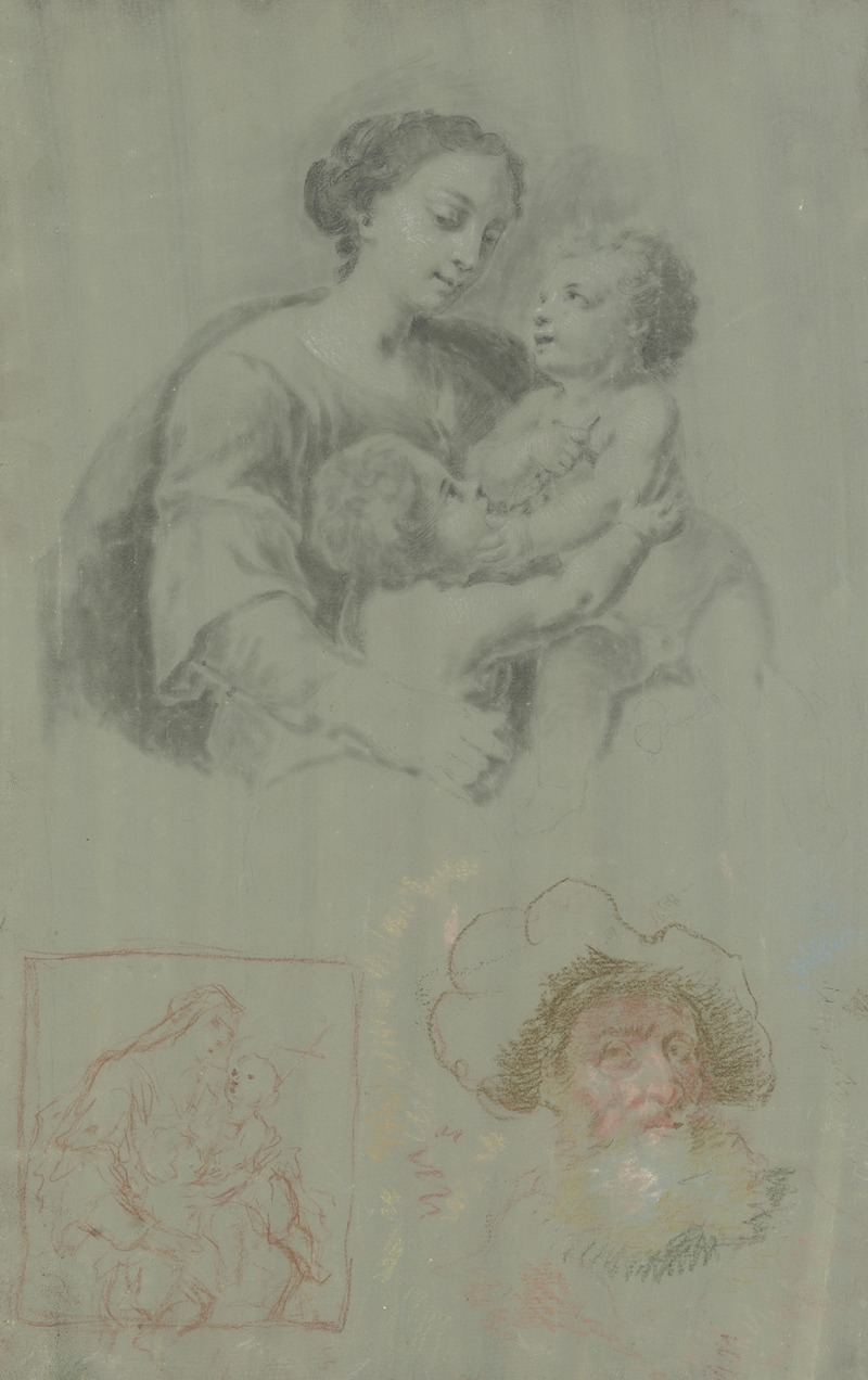 Heinrich Friedrich Füger - Studienblatt mit einer Madonna mit dem Kind und dem Johannesknaben, dazu ein bärtiger Mann mit Mütze