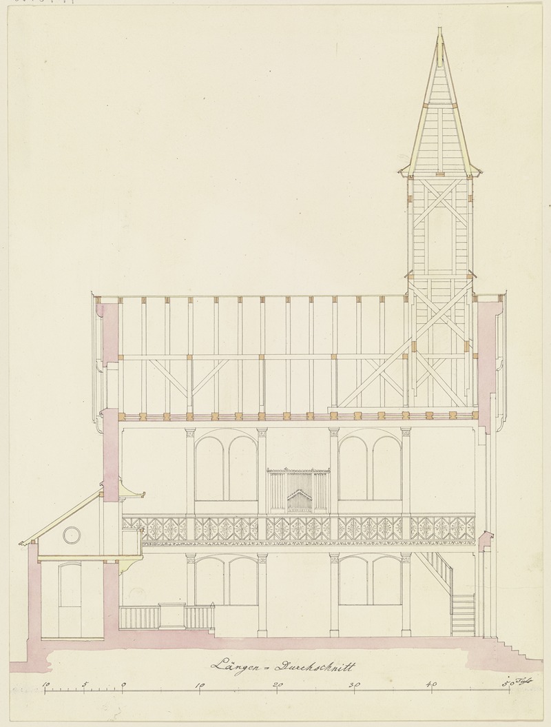 Heinrich Hübsch - Längsschnitt durch eine Kirche für die Gemeinde Friedrichsdorf