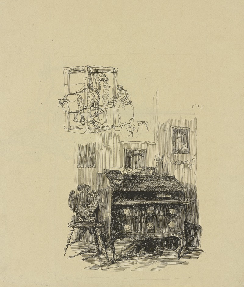 Heinrich Kley - Zimmerecke mit Sekretär und Stuhl; darüber Skizze eines Schmiedes, der ein Pferd beschlägt