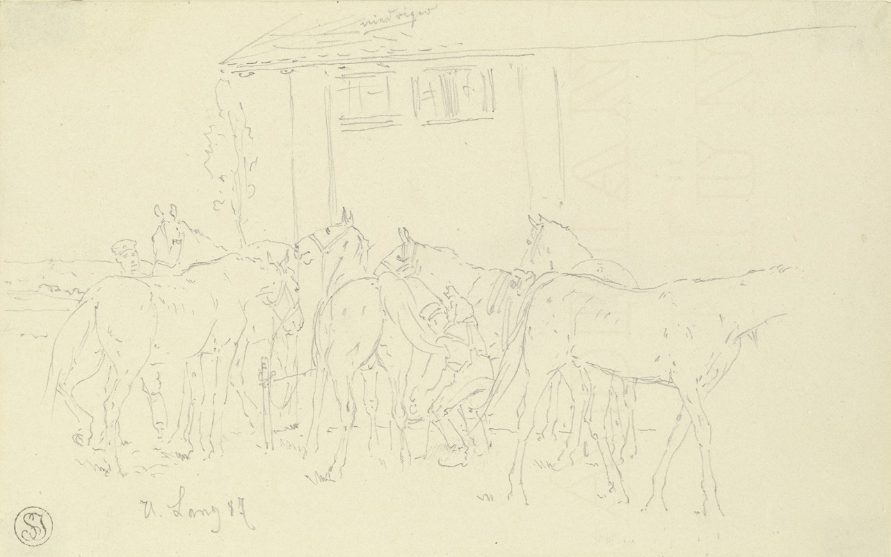 Heinrich Lang - Cleaning the horses in the camp