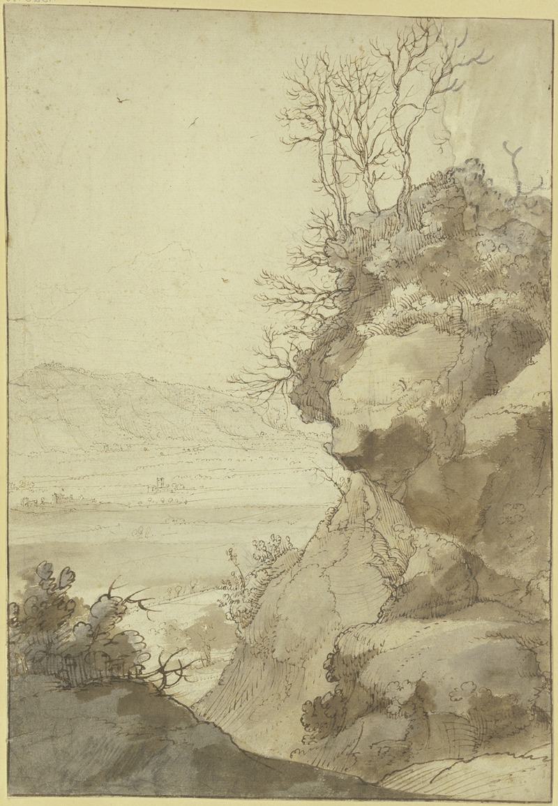 Hendrick Mommers - Landschaft, rechts eine große Felspartie mit dürren Bäumen