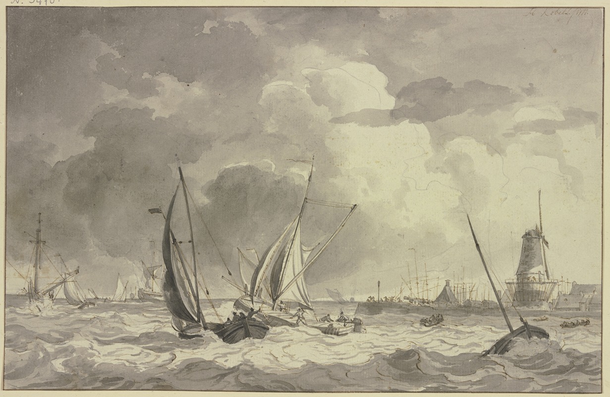 Hendrik Kobell - Bewegte See mit vielen Schiffen, rechts der Hafen mit einer Windmühle und einer großen Kanone