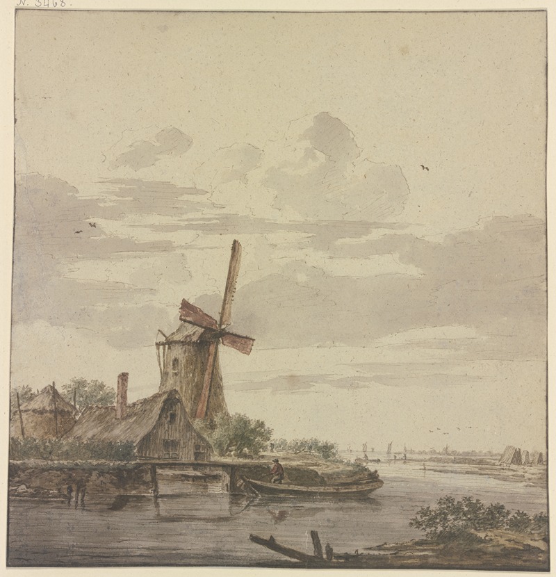 Hendrik Kobell - Kleiner Fluss, der ins Meer mündet, links eine Windmühle