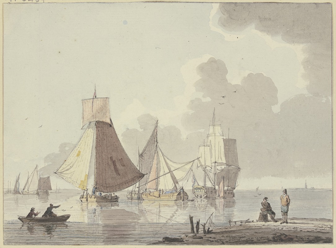 Hendrik Kobell - Ruhige See mit vielen Schiffen, links ein Boot mit zwei Mann, rechts am Ufer sitzt ein Matrose auf einem Korb, ein anderer steht vor ihm