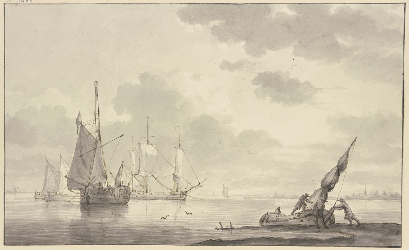 Hendrik Kobell - Ruhige See, links liegen mehrere große Schiffe, rechts machen drei Männer ein Boot flott