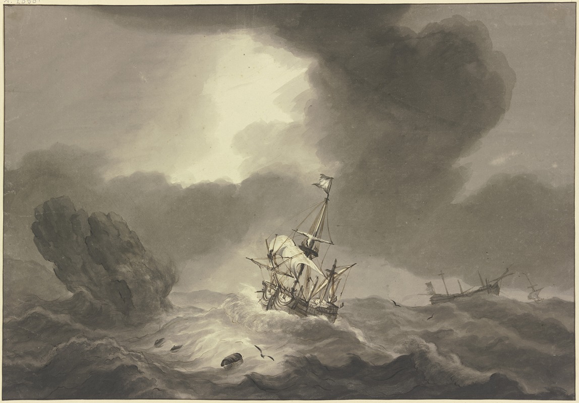 Hendrik Kobell - Seesturm, rechts ein entmastetes Schiff, links ein Felsen, an welchem ein Schiff vorbeisegelt