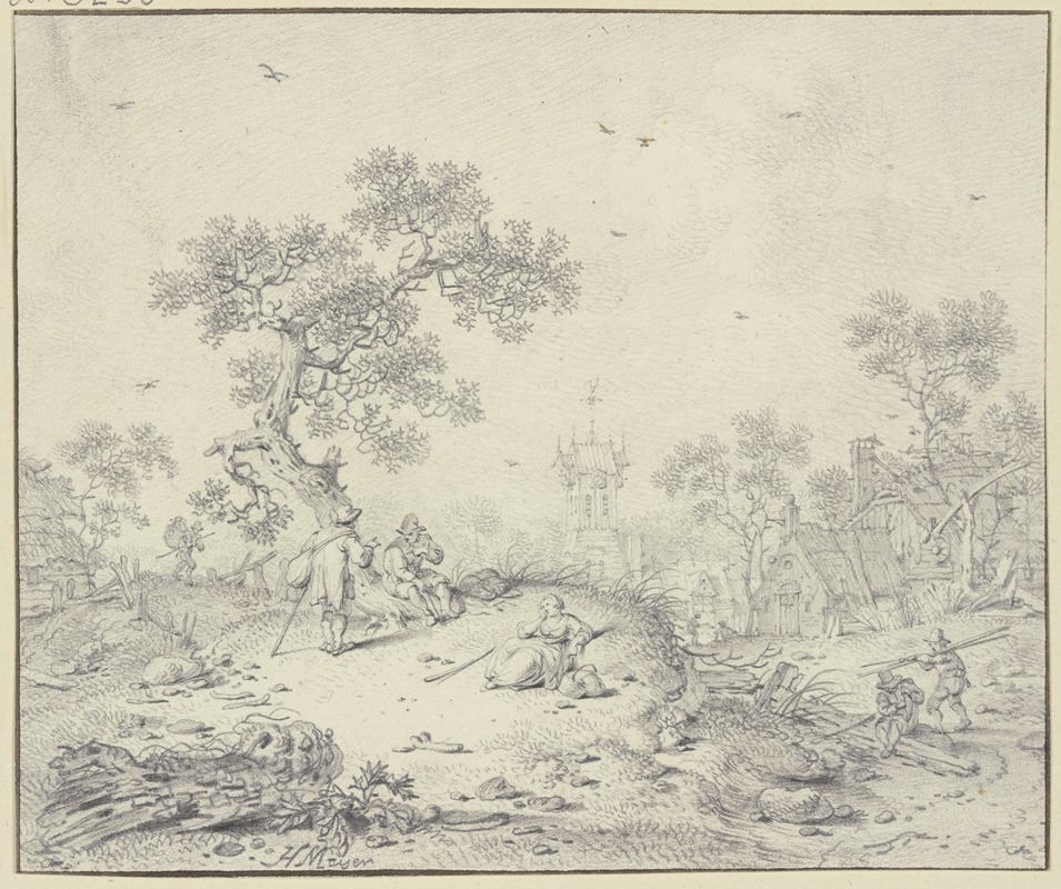 Hendrik Meyer - Bei einem Dorf unter einem Baum zwei ausruhende Wanderer, vor ihnen ein ruhendes Mädchen