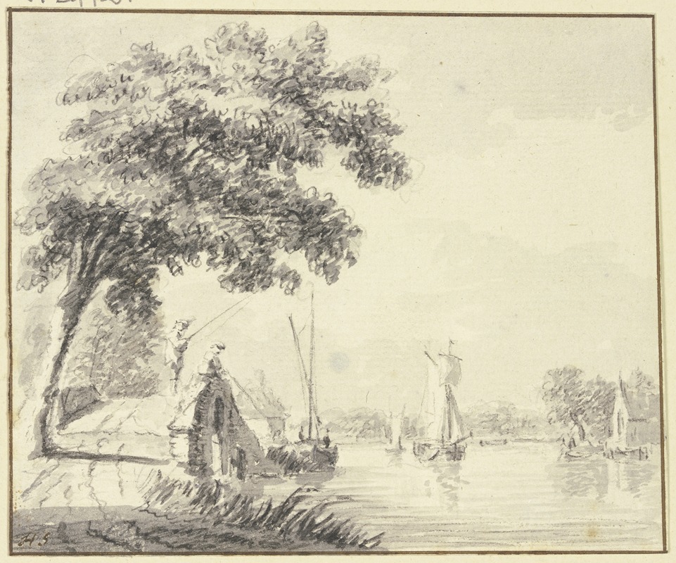 Hendrik Spilman - Steinerne Brücke mit zwei Anglern bei einem Fluß