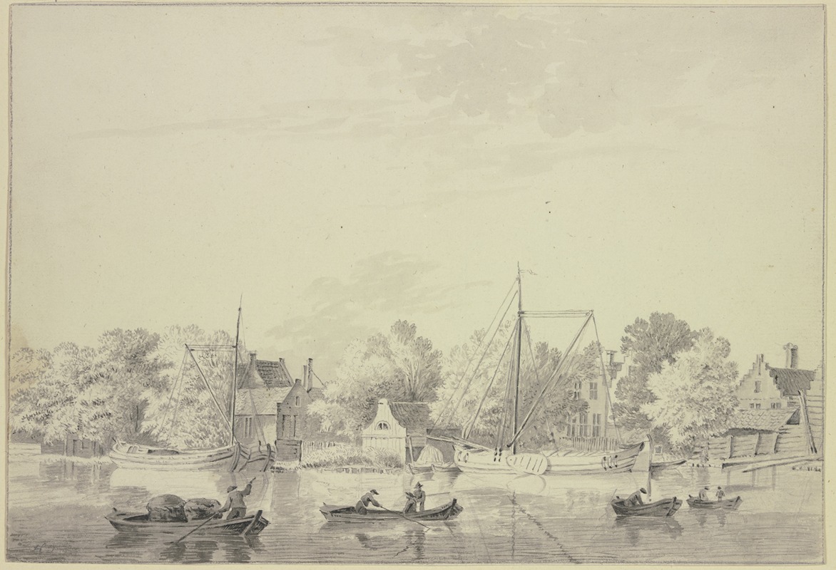Hendrik Tavenier - Dorf am Ufer eines Flusses, Schiffe liegen am Ufer und vier Boote fahren auf dem Fluss
