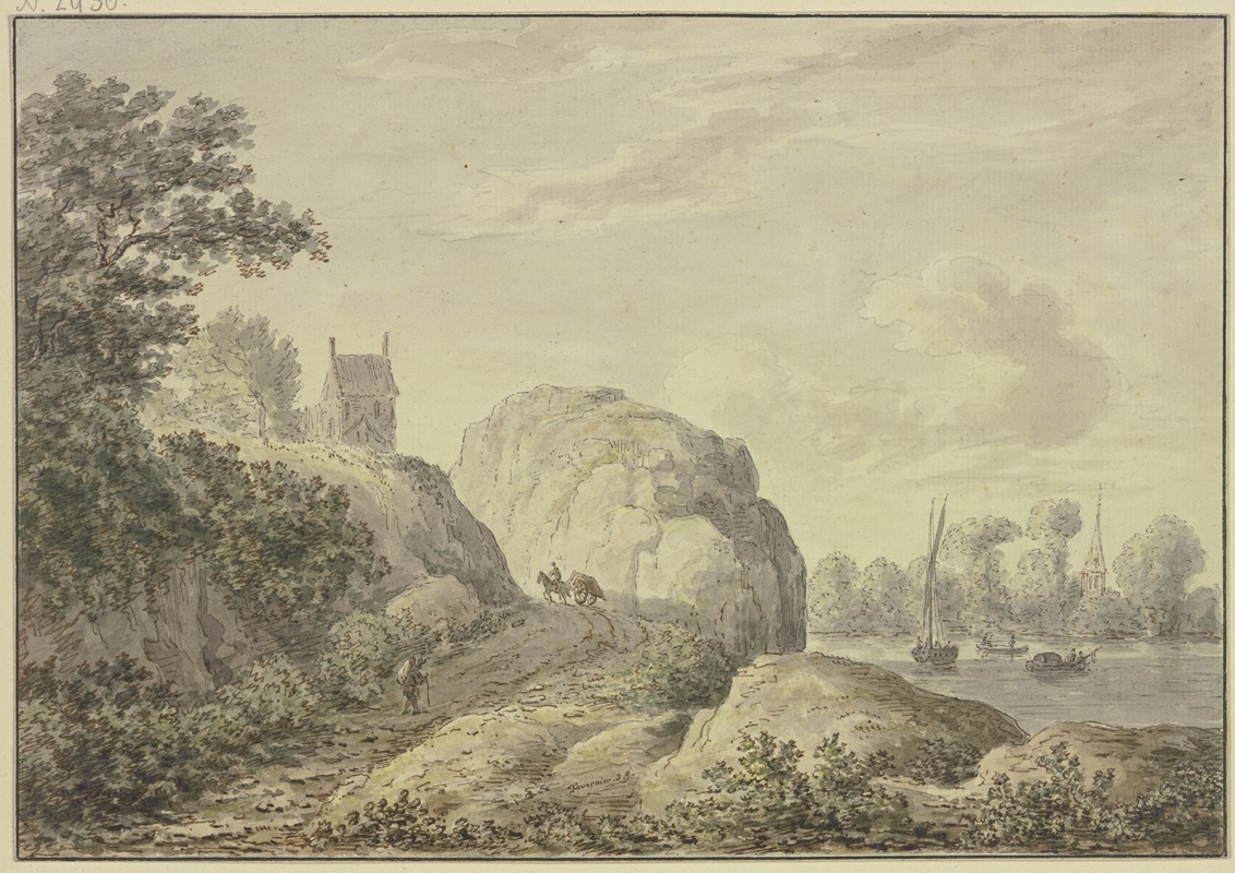 Hendrik Tavenier - Felsiges Ufer an einem Fluß, links oben eine Kapelle