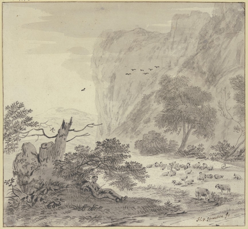 Hendrik van der Straaten - Hohe Felsen, links ruhender Schafhirte
