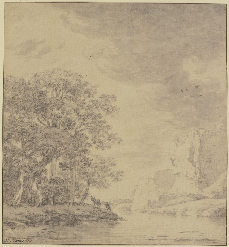 Herman Naiwinx - Baumpartie am Wasser, rechts eine Felsböschung