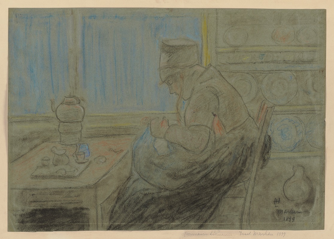 Hermann Lismann - Frau im Profil nach links bei der Handarbeit, in der Küche sitzend
