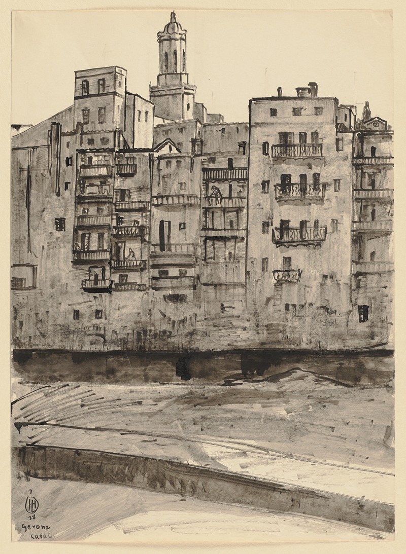 Hermann Lismann - Girona vom Fluss aus gesehen, im Hintergrund der Turm der Kathedrale