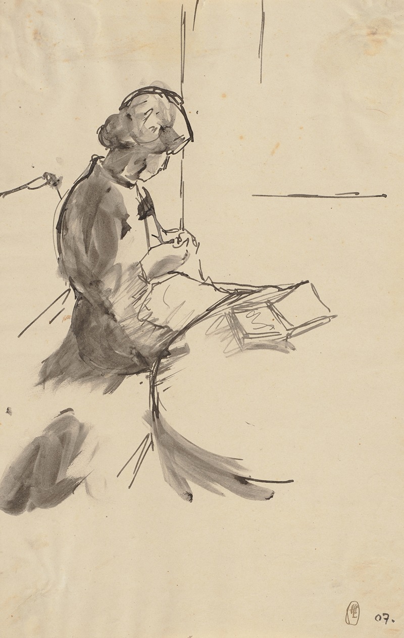 Hermann Lismann - Strickende Frau, auf dem Tisch ein Buch liegend
