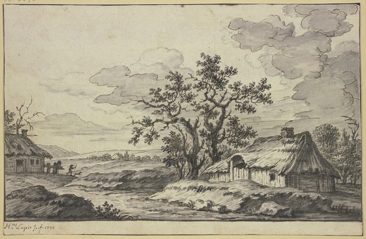 Hieronymus Lapis - Landschaft mit Bach und zwei Hütten im Vordergrund