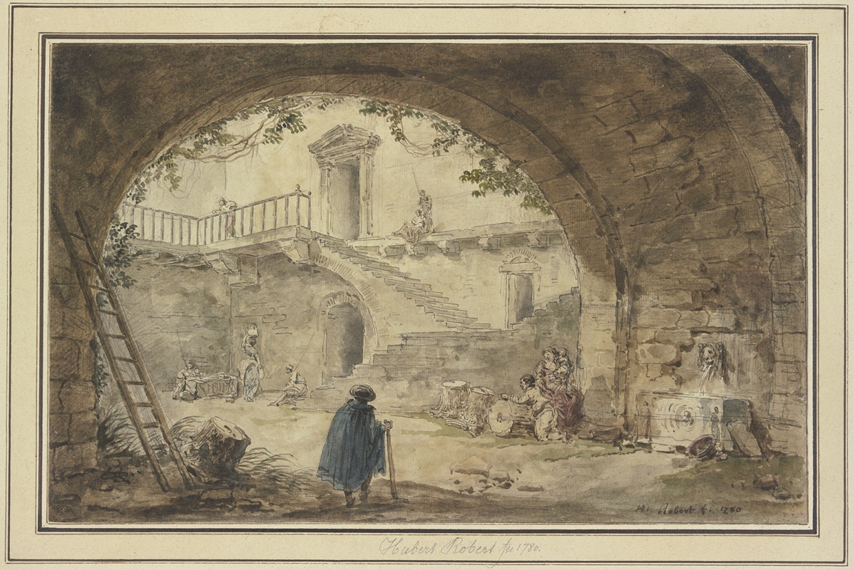 Hubert Robert - Gewölbe mit antikem Brunnen und Aussicht auf eine Treppe