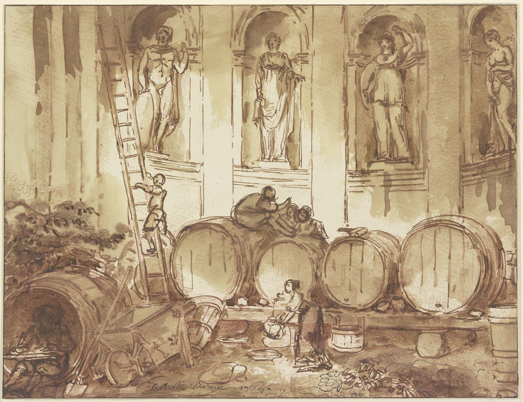 Hubert Robert - Weinlager in einer Nischenhalle mit vier Statuen antiker Gottheiten