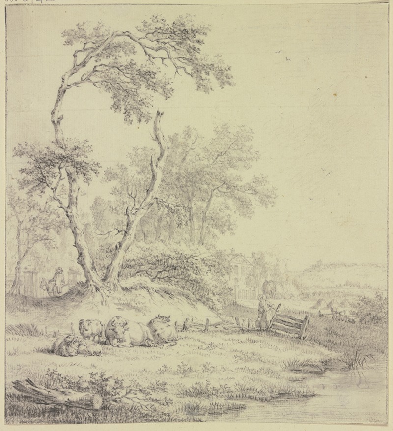 Jacob Cats - Bei einer Baumgruppe an einem Zaun liegendes Vieh, rechts eine Frau mit einem Eimer