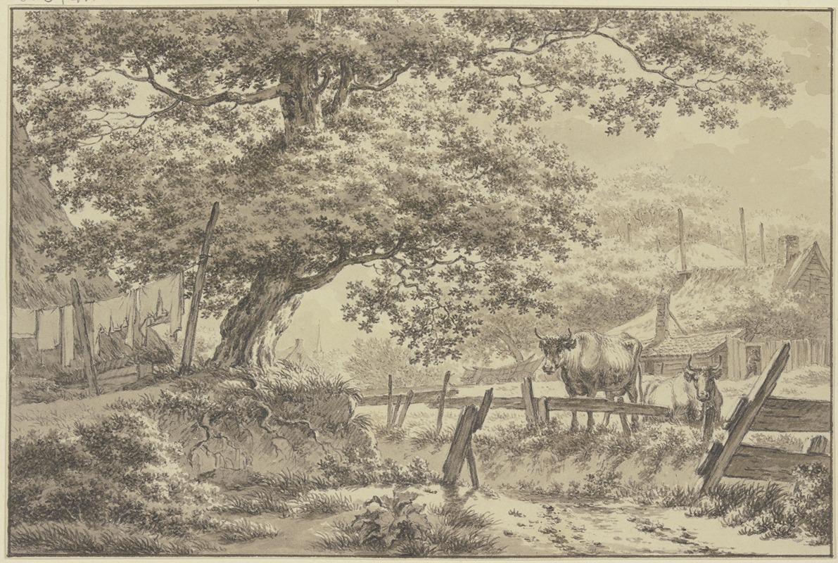 Jacob Cats - Bei einer großen Eiche aufgehängte Wäsche, rechts hinter einem Zaune zwei Kühe