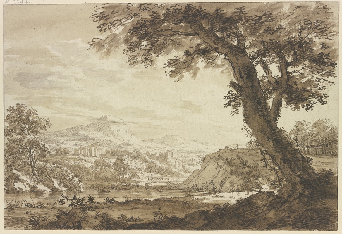 Jacob Cats - Italienische Landschaft mit Ruinen, rechts bei einem Wasser ein großer Baum