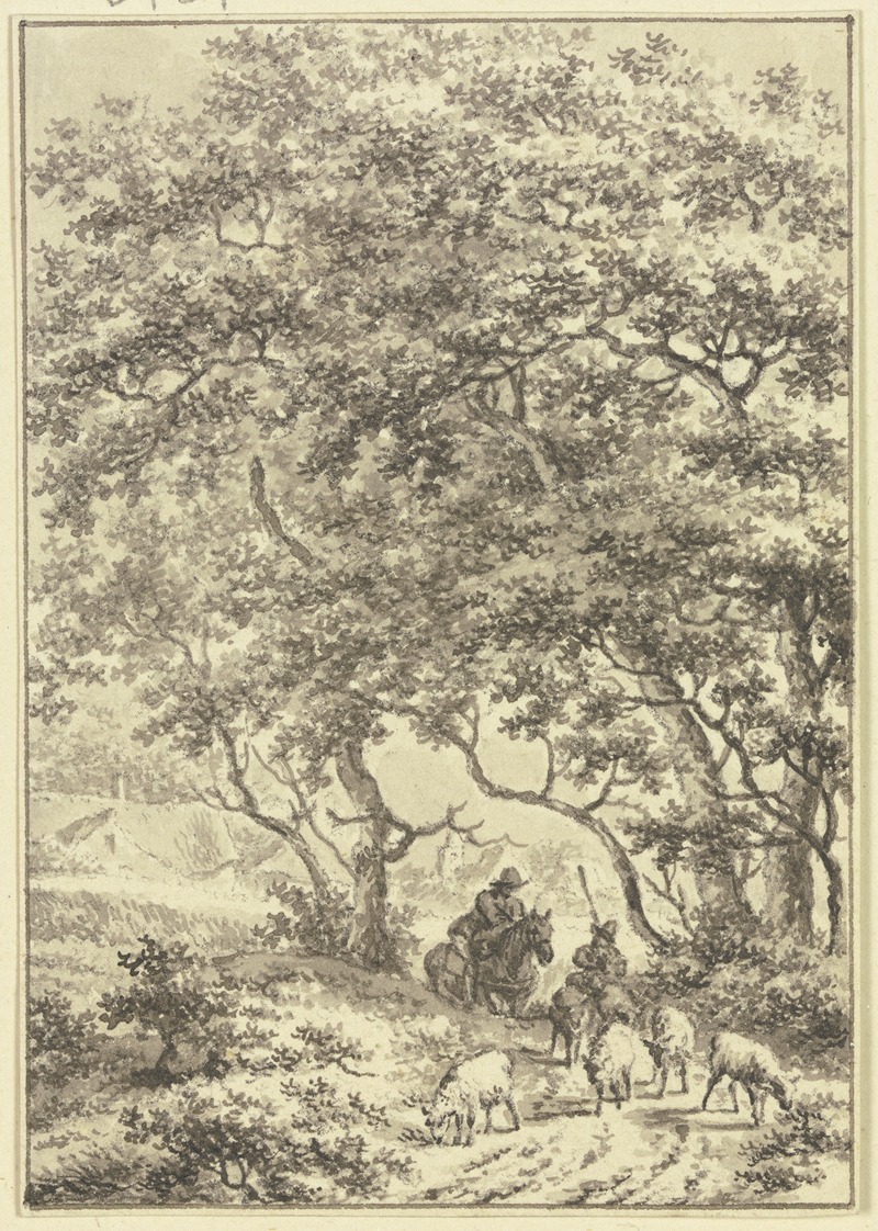 Jacob Cats - Unter hohen Bäumen ein Reiter und ein Schafhirte