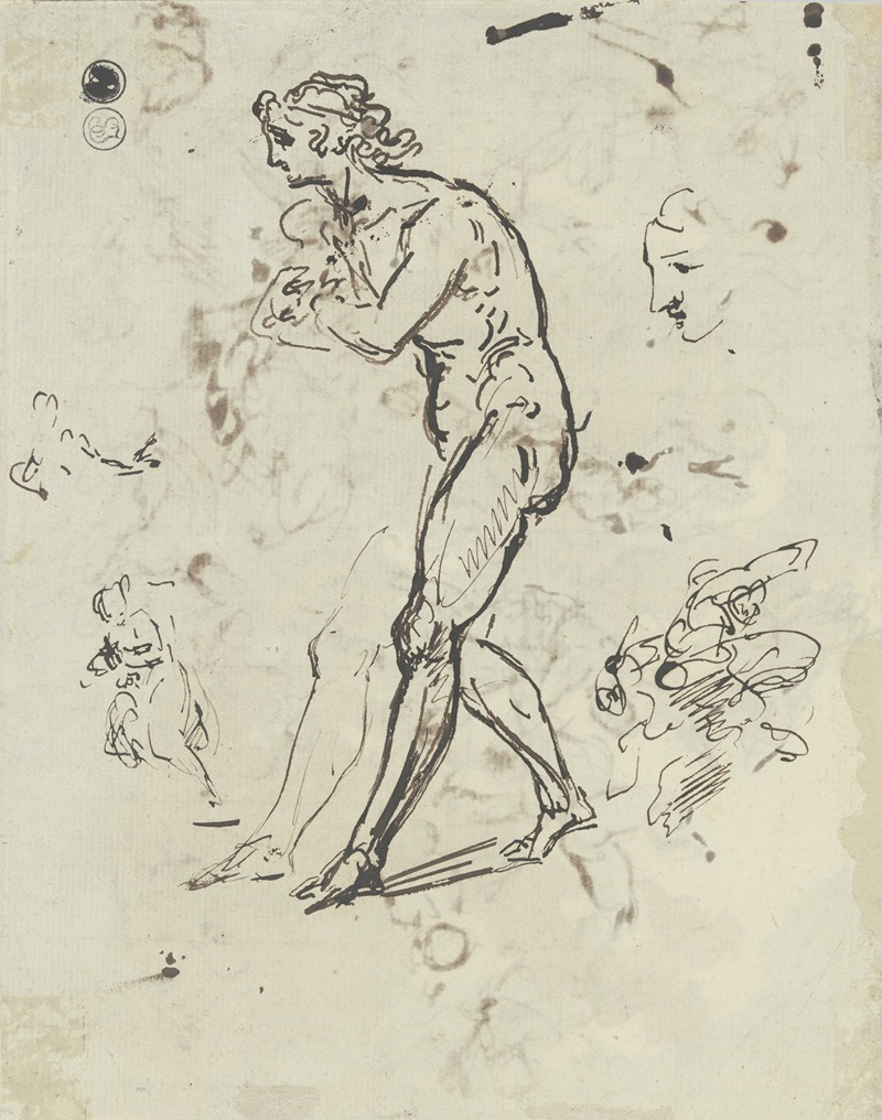 Jacob de Wit - Ausschreitende Figur mit vor der Brust verschränkten Armen und leicht nach vorn gebeugtem Oberkörper, dazu über das Blatt verstreute Federproben