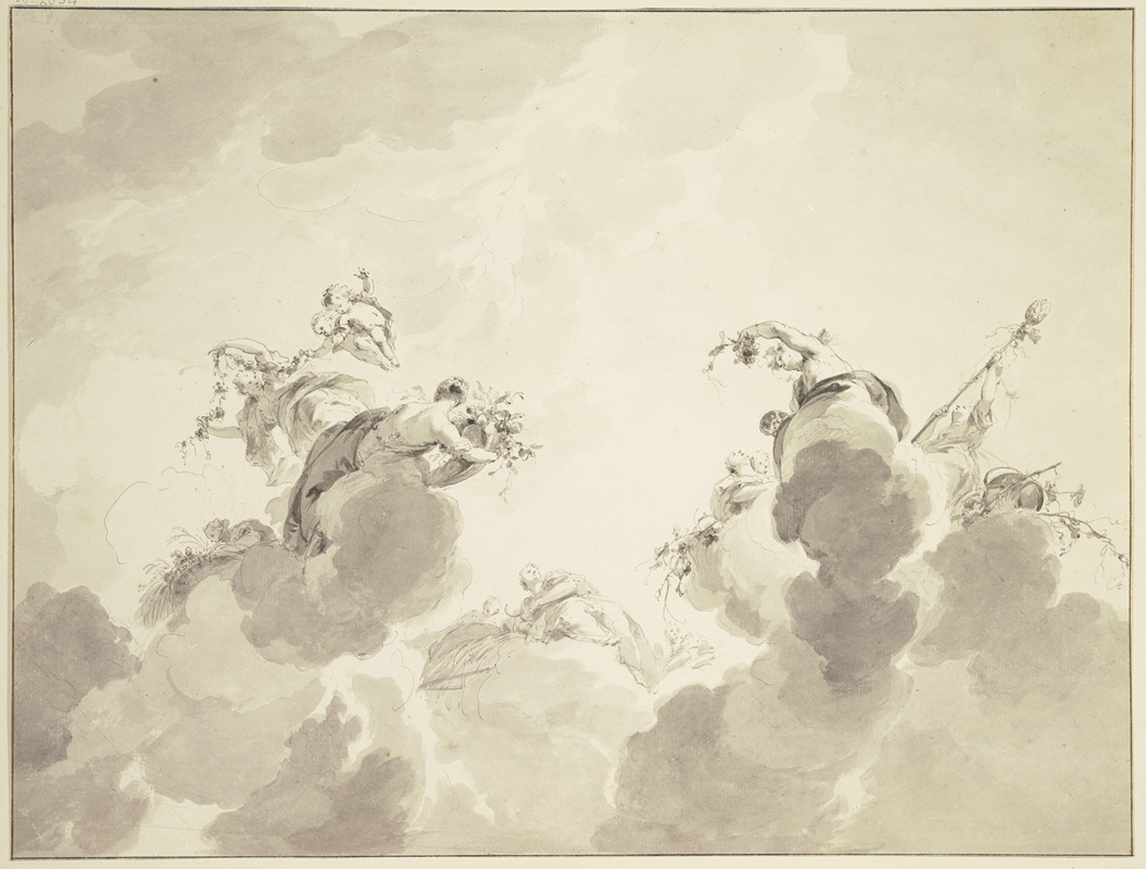 Jacob de Wit - Bacchus, Ceres und Flora mit Gefolge in Wolken schwebend