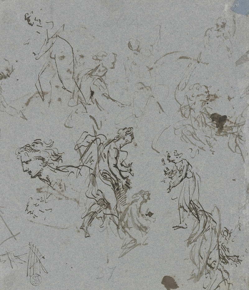 Jacob de Wit - Kopf eines Mannes im Profil, mehrere schreitende Figuren sowie Federproben