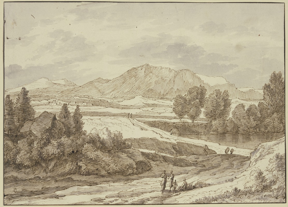 Jacob Esselens - Ebene vor dem Gebirge, rechts ein See, auf dem Weg verschiedene Figuren