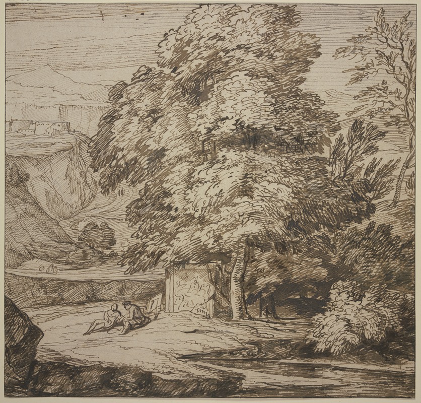 Jacob Esselens - Ein Denkmal unter großen Bäumen, dabei zwei sitzende Figuren