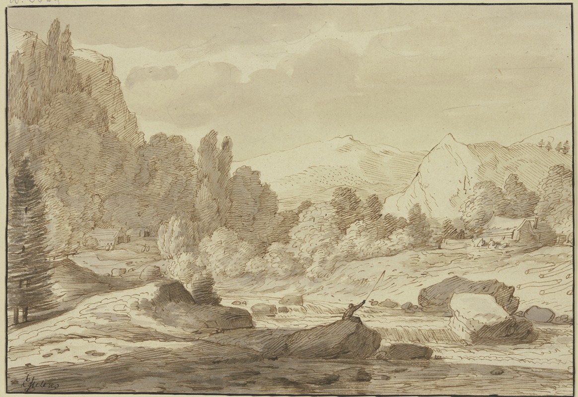 Jacob Esselens - Gebirgslandschaft mit einem Waldbach, an welchem ein Angler sitzt