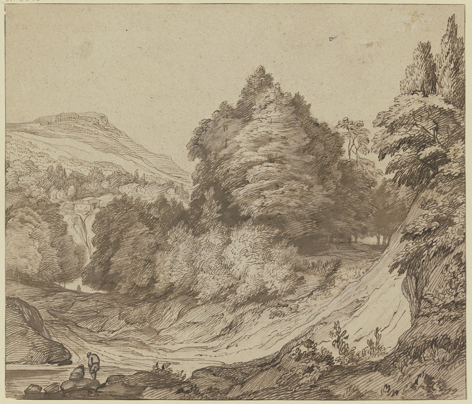 Jacob Esselens - Gebirgslandschaft mit Wald, links am Weg ein sitzender und ein stehender Mann