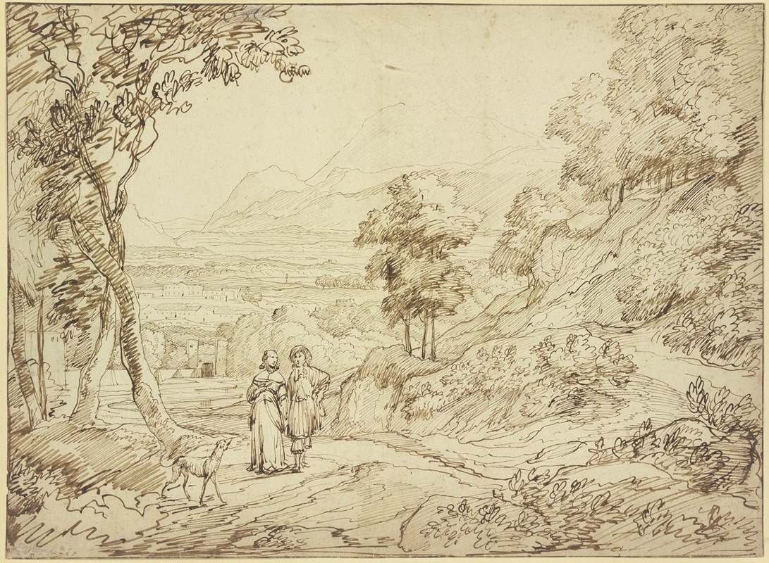 Jacob Esselens - Landschaft, auf dem Weg ein Herr und eine Dame mit einem Windhund