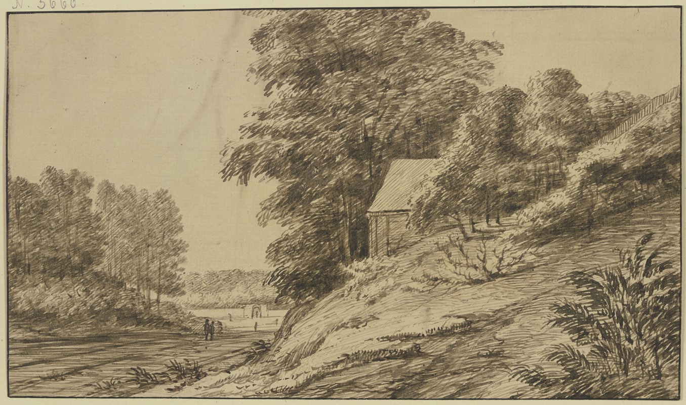 Jacob Esselens - Landstraße durch den Wald, rechts unter hohen Bäumen auf einem Abhang eine Hütte
