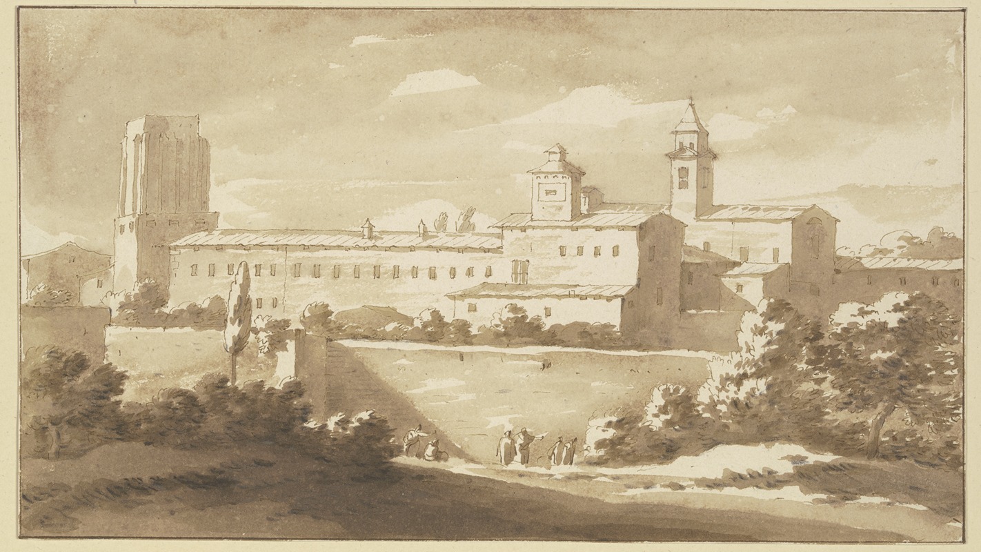 Jacob van der Ulft - Italienisches Kloster hinter hohen Mauern, die Turmruine der Torre delle Millizie in Rom nachempfunden
