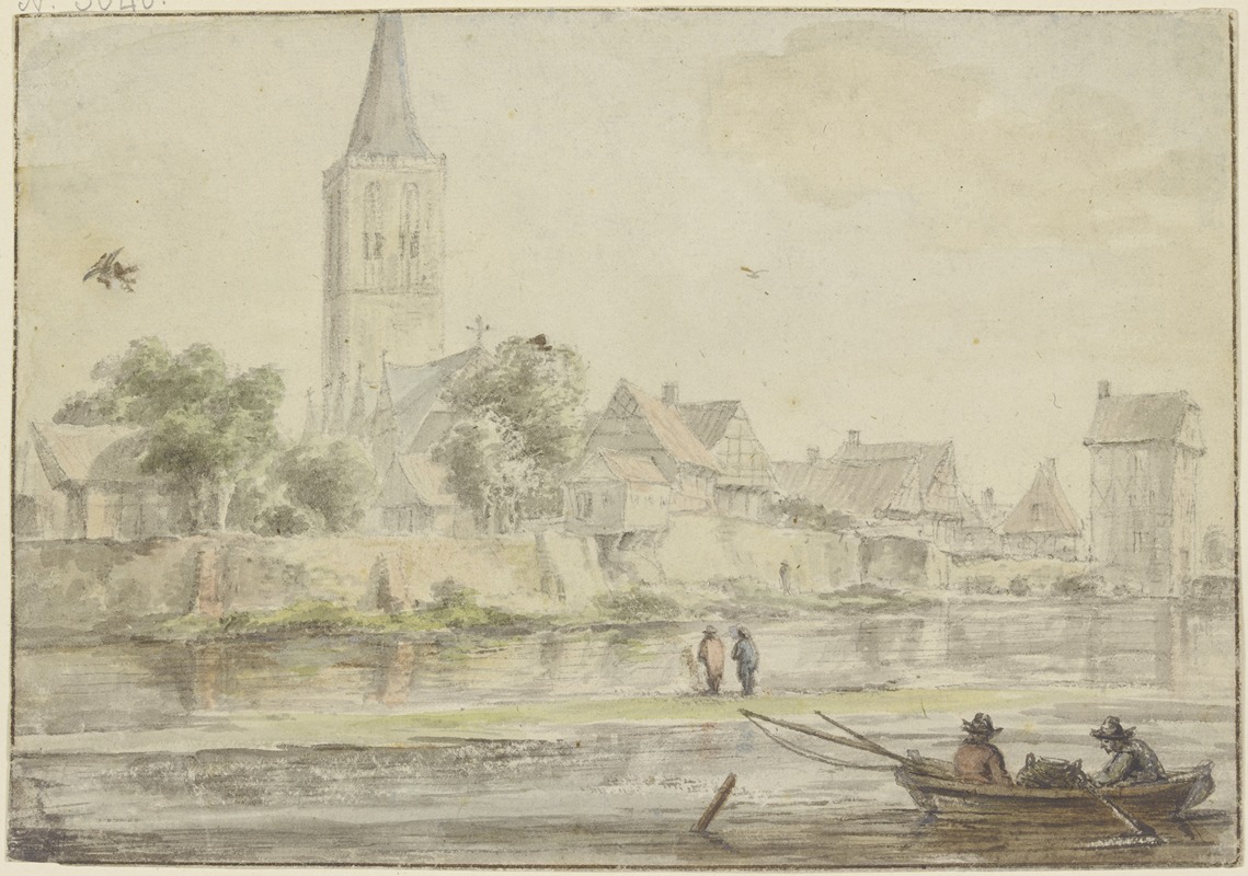 Jacob van Ruisdael - Stadt am Wasser mit Kirche, rechts ein Turm, vorne Kahn mit zwei Personen