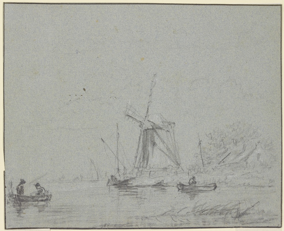 Jacob van Ruisdael - Windmühle am Wasser, vorne zwei Kähne