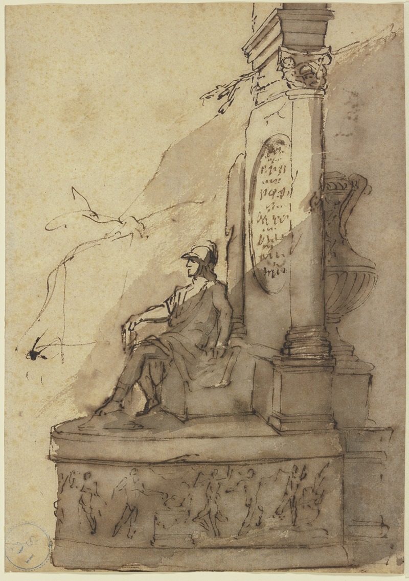 Jacob van Schuppen - Bildwerk eines auf dem Sockel eines Monuments sitzenden Kriegers