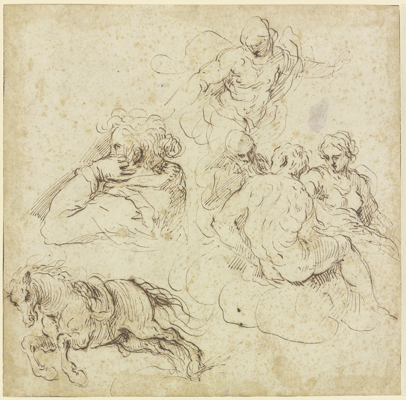 Jacopo Palma il Giovane - Study sheet with galloping horse, a woman in profile looking left, a group of figures on clouds and an angel