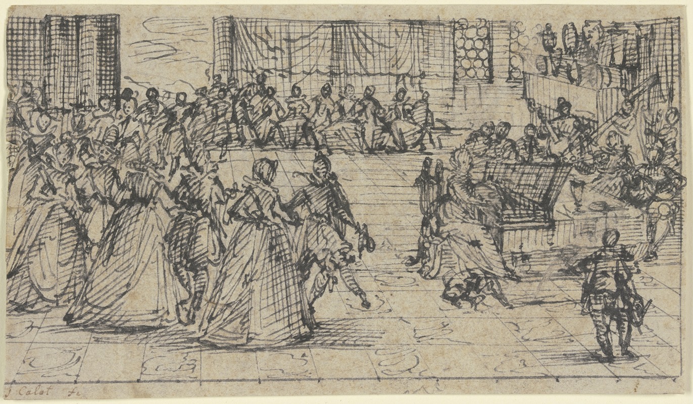 Jacques Callot - Kavaliere und Damen beim Tanze, eine Dame spielt Klavier und wird von einem Orchester begleitet