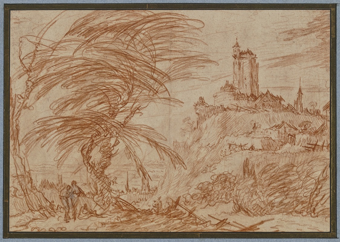 Jacques Callot - Landschaft, rechts auf einem Hügel ein großer Turm, links eine Baumpartie und einige Figuren