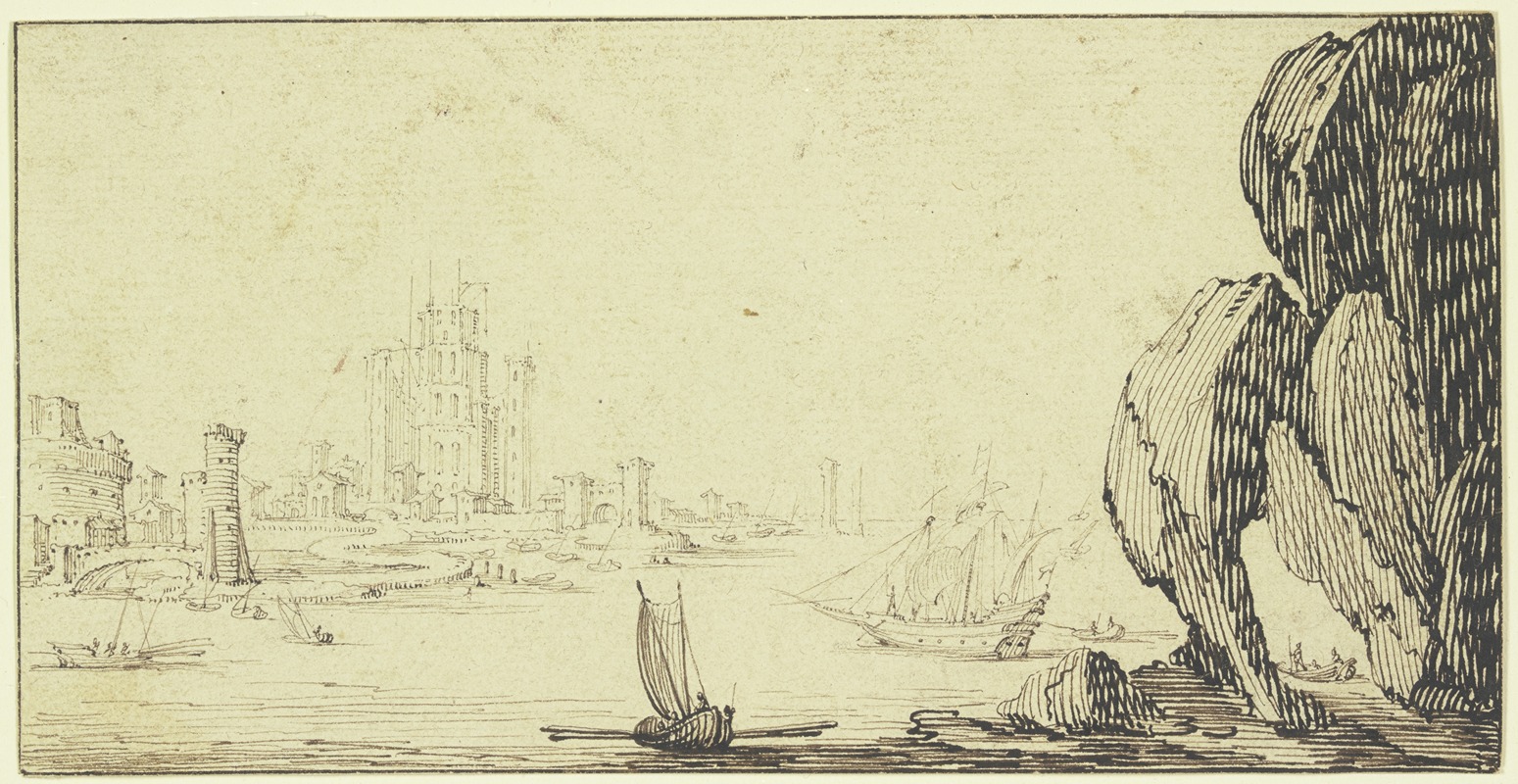 Jacques Callot - Seehafen mit Schiffen, rechts ein großer Felsen