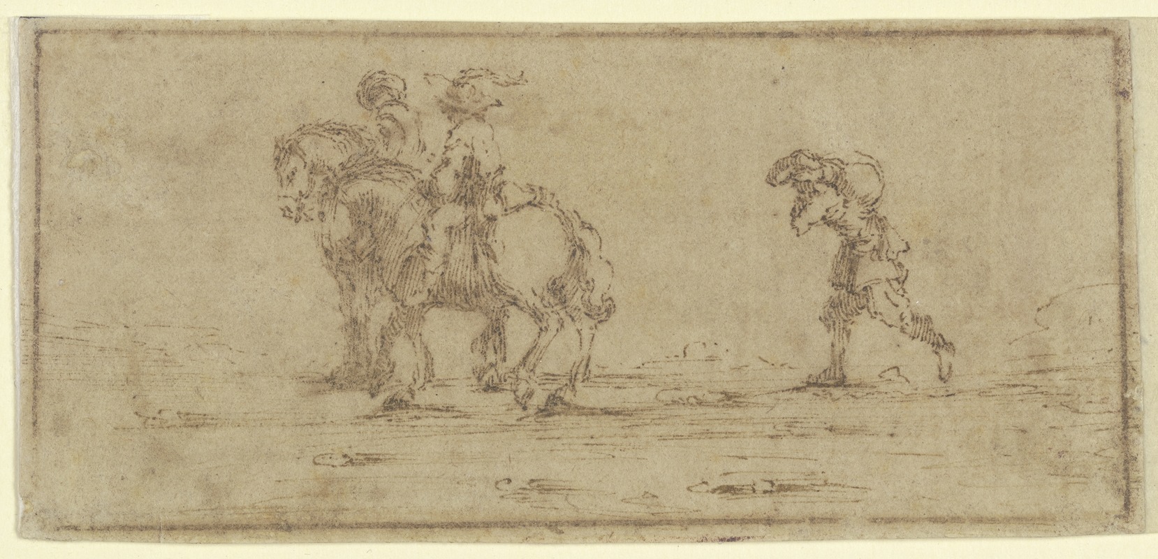 Jacques Callot - Zwei Reiter, gefolgt von einem Mann, der einen Sack trägt