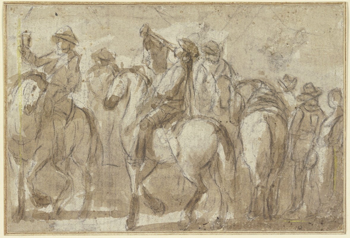 Jacques Courtois - Blasender Trompeter zu Pferde, umgeben von mehreren Reitern