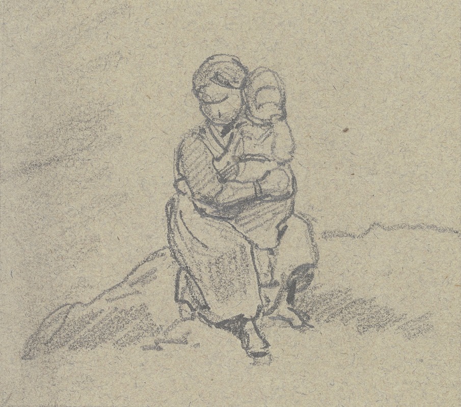 Jakob Fürchtegott Dielmann - A girl holds a child on her lap and sits on a small slope, the child has brought her hand to her mouth